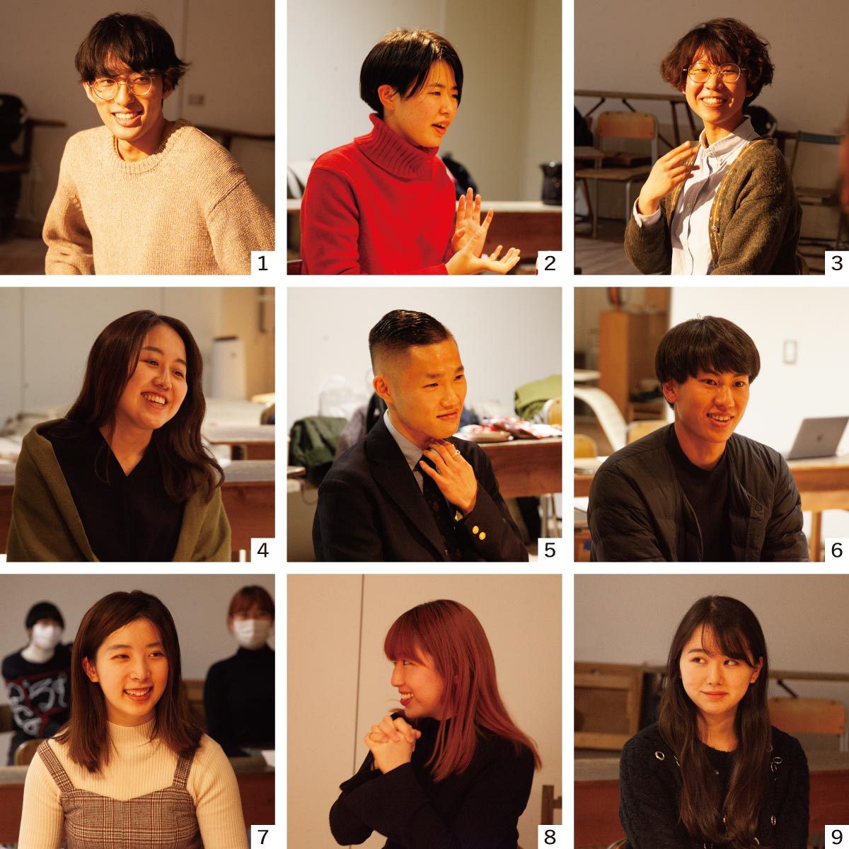 【「なんて言ったらいいんだろミーティング」に参加した皆さん】①安田舜さん(22)明治大4年 ②藤原紗羽さん(20)和光大2年 ③森下瑛子さん(20)東京経済大2年 ④杉浦夏帆乃さん(22)津田塾大4年 ⑤開沼位晏(ともやす)さん(25)明治大4年 ⑥甲斐崎颯斗(はやと)さん(22)法政大4年 ⑦田矢美桜奈さん(21)上智大3年 ⑧日比楽那(らな)さん(21)武蔵野美術大2年 ⑨宮口綾華さん(20)慶応義塾大2年 (写真はすべて東海林広太さん撮影)