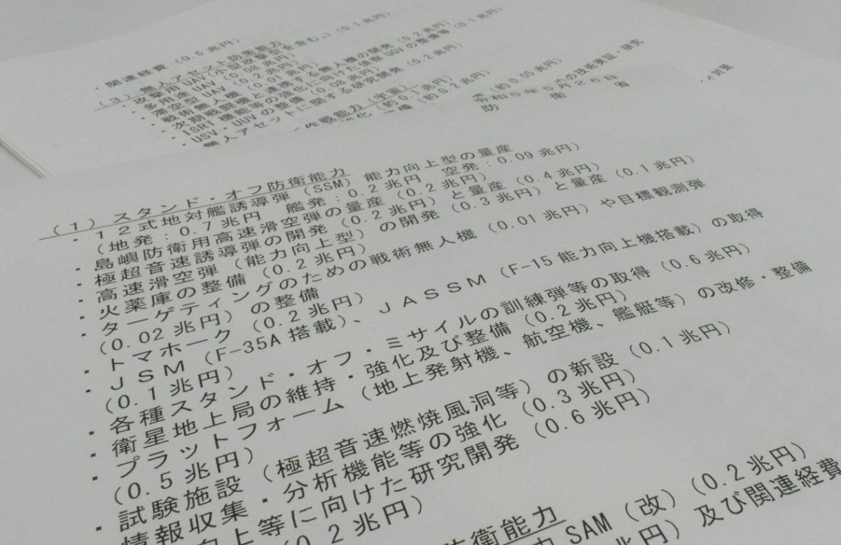 防衛省が示した43兆円の内訳資料。A4ペーパー5枚分で、数千億円単位の項目が並ぶ