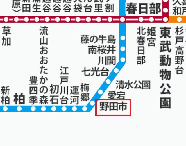 東武鉄道公式サイトの路線図。野田市駅の赤枠は本紙で加工