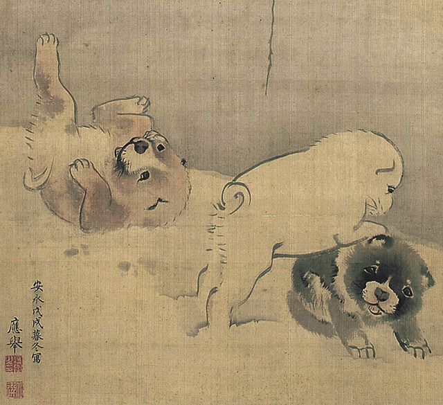 円山応挙《雪柳狗子図》（部分）　１７７８年　個人蔵＝２６日からの展示