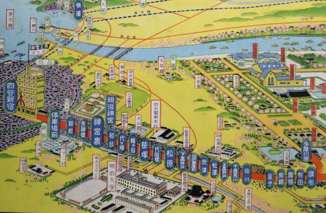 明大前は「松原」、つつじケ丘は「金子」など古い駅名になっている昭和５年当時の京王線路線図＝港区の三康図書館で