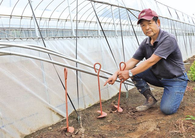農業用ハウスの補強に使ったスクリューアンカーを手にする園部優さん＝水戸市で 