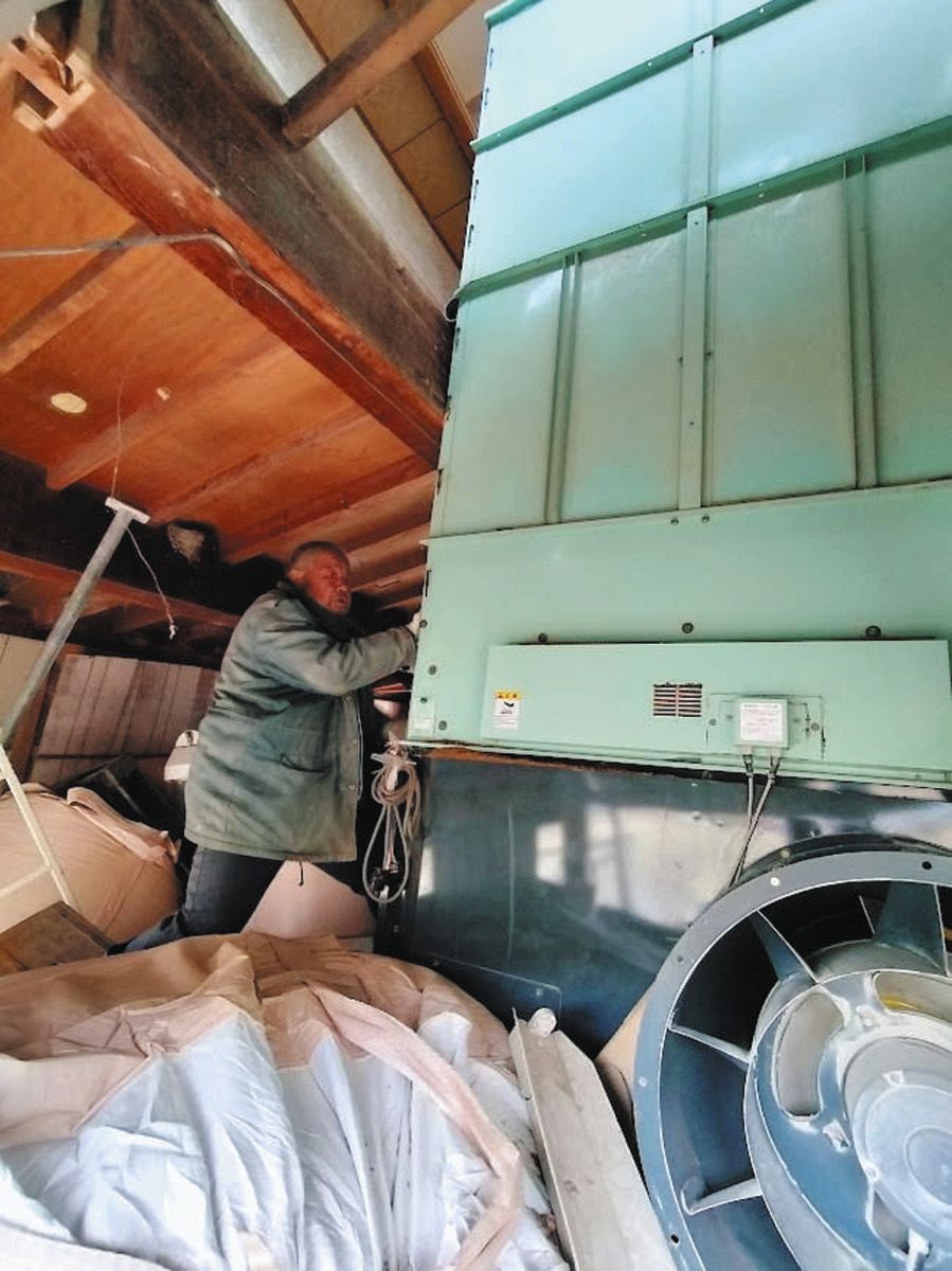 大きく傾いた納屋を見る潟辺政一さん。天井に押しつぶされそうな乾燥機（右）はもう使えない＝17日、石川県羽咋市鹿島路で