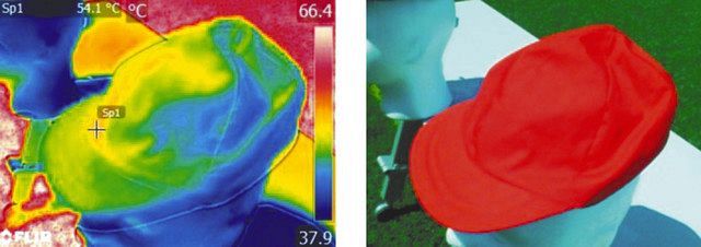 サーモグラフィーで測定した帽子の表面温度の画像。赤の帽子は大半の部分が高温であることを示す緑色や黄色となっている＝服部由季夫さん提供