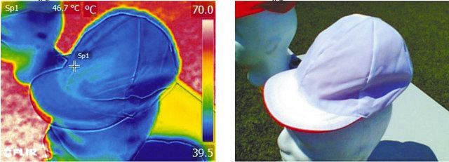 サーモグラフィーで測定した帽子の表面温度の画像。白の帽子は比較的低いことを示す青色だ＝服部由季夫さん提供