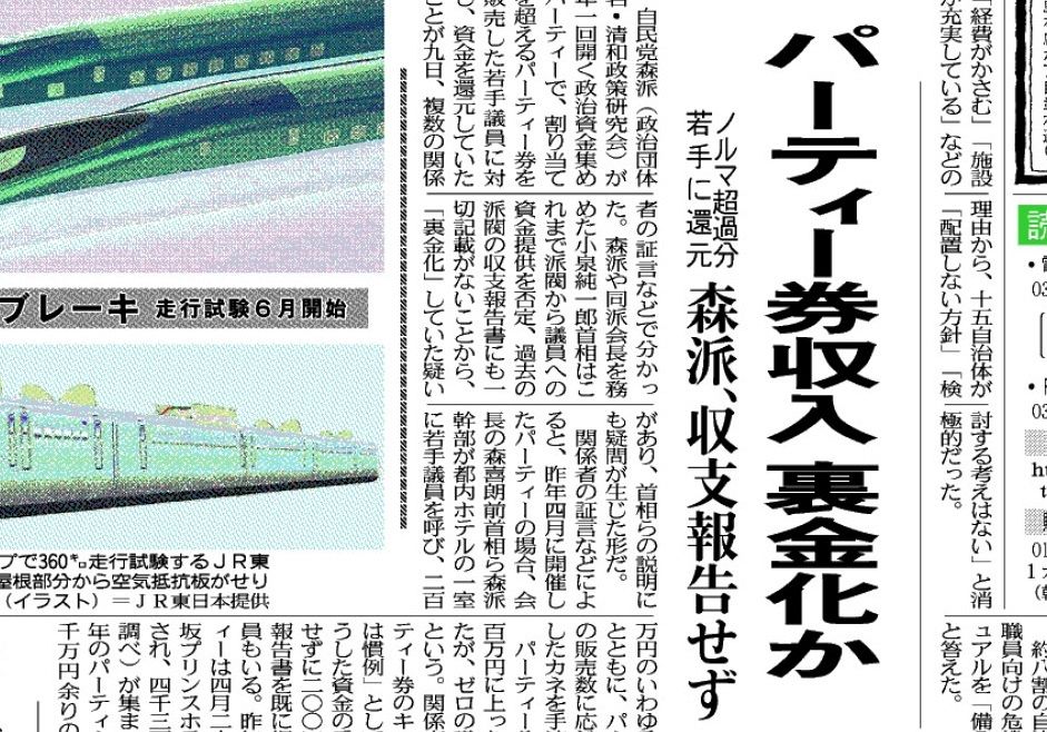2005年3月10日付け東京新聞の1面に載った「パーティー券収入　裏金化か」の記事
