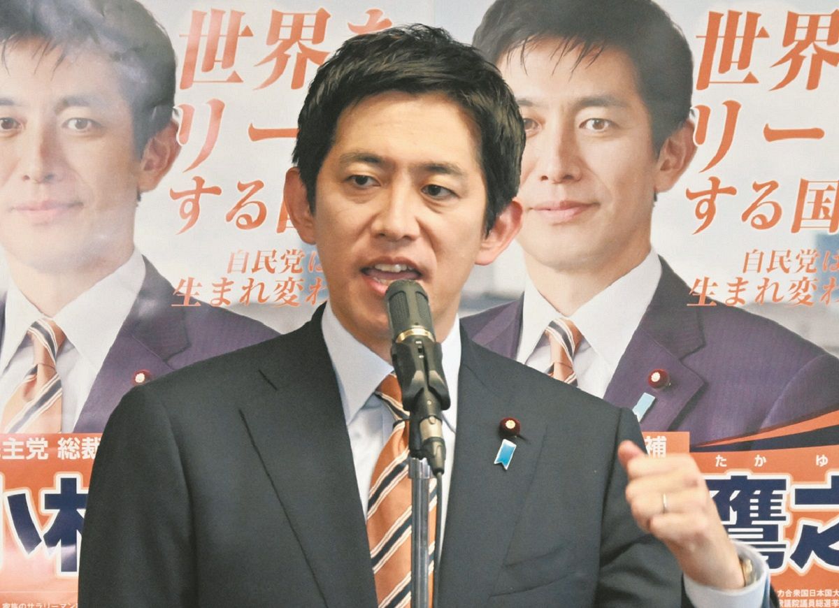 総裁選の出陣式で意気込みを語る小林鷹之氏＝9月12日、自民党本部（須藤英治撮影）