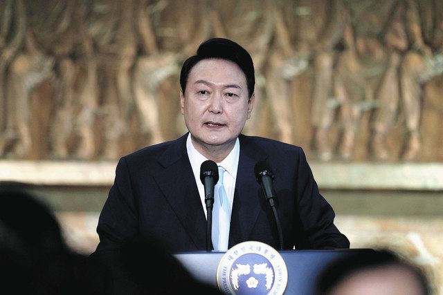 就任式で演説する韓国の尹錫悦・新大統領（ＡＰ）