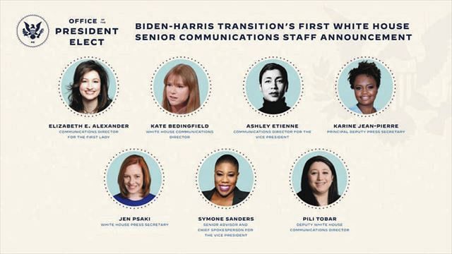 米次期政権の広報幹部として発表された女性７人。下段左端は大統領報道官になるサキ氏（政権移行チームのツイッターより・共同）