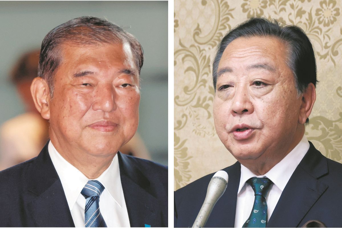 自民党の石破首相（左）と立憲民主党の野田代表＝佐藤哲紀撮影