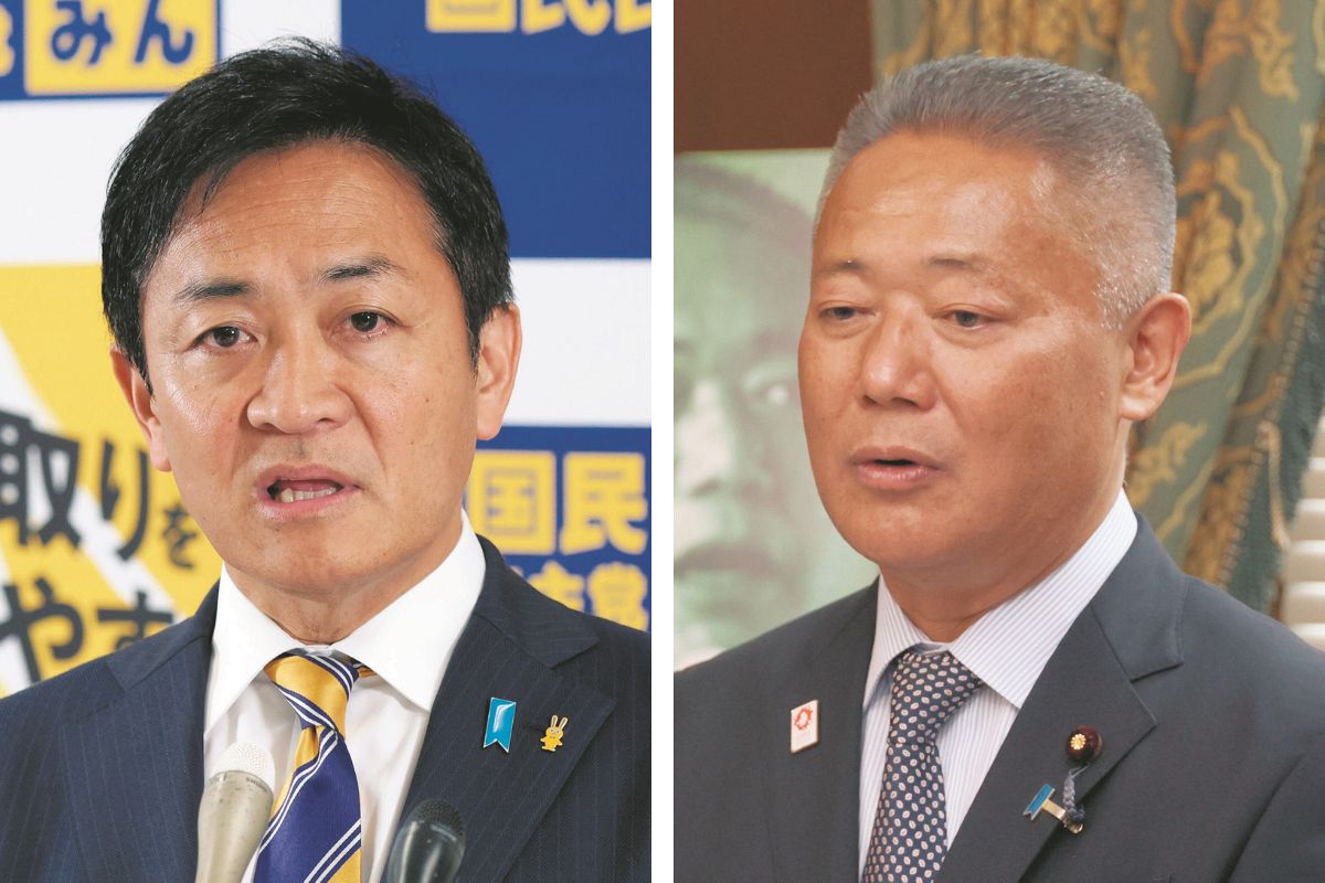 国民民主党の玉木代表（左）と日本維新の会の馬場代表＝佐藤哲紀撮影