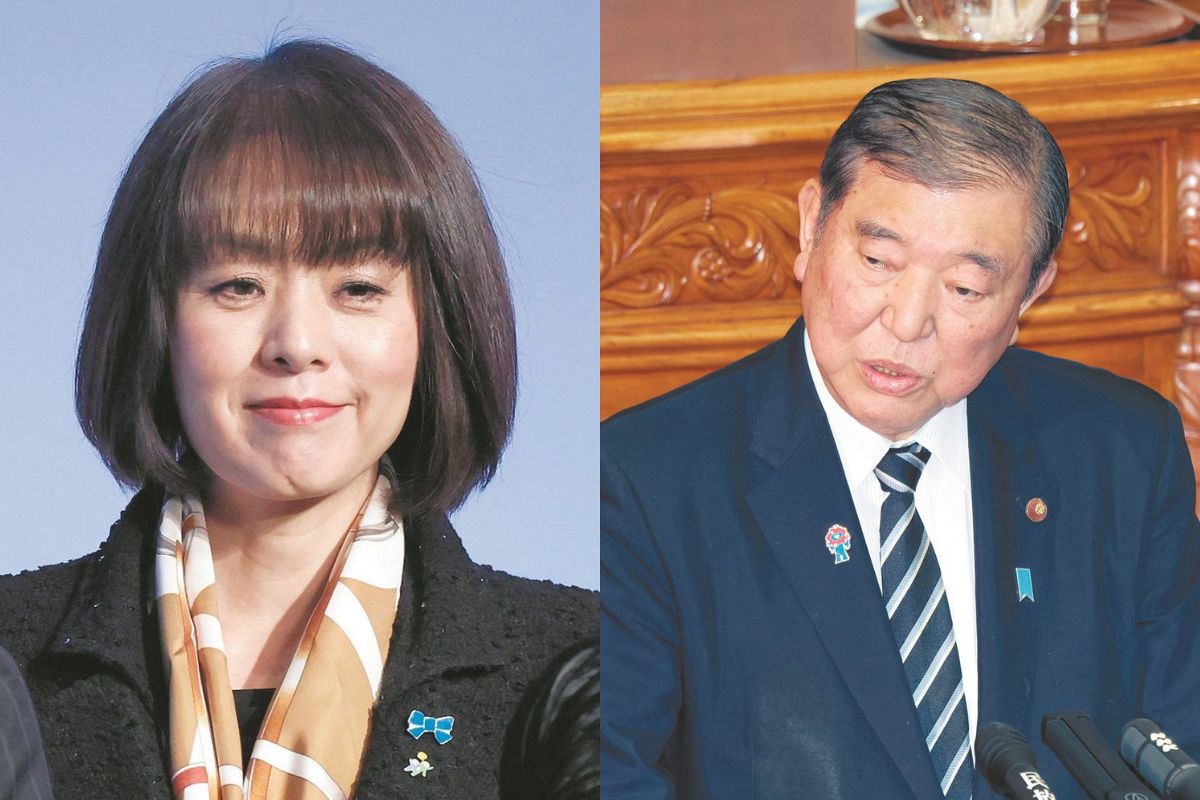㊧第92回自民党大会に参院選候補者として登壇した杉田水脈氏＝9日、東京都港区で、㊨参院本会議で答弁する石破首相＝12日、国会で（ともに佐藤哲紀撮影）