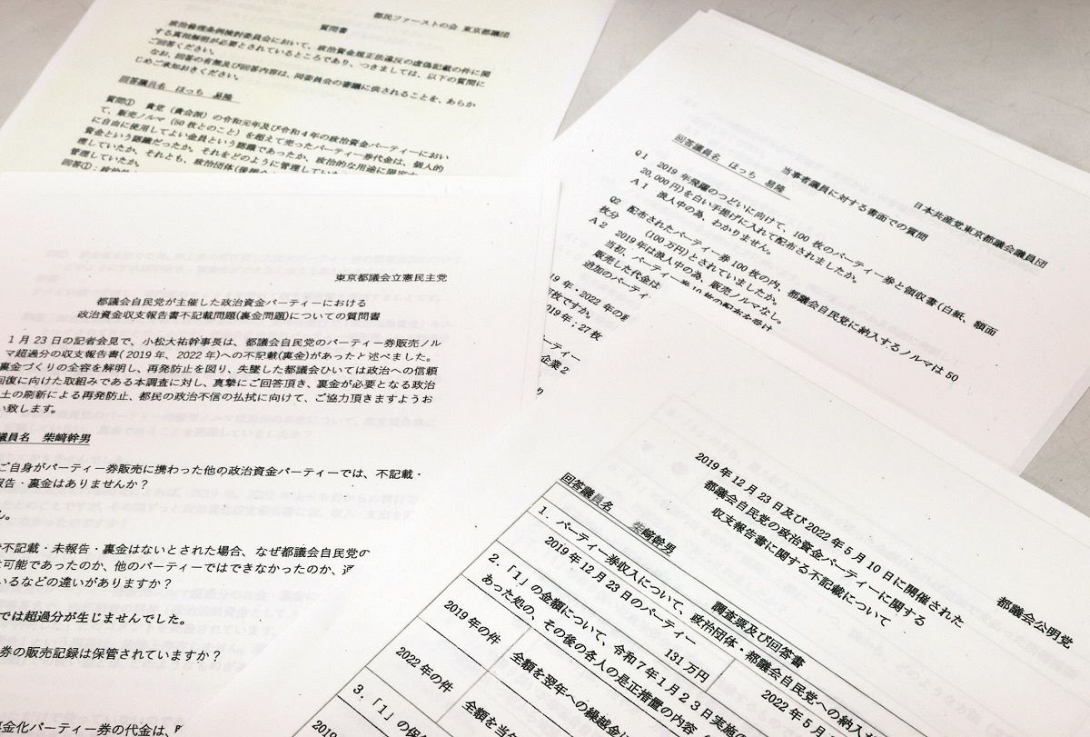 裏金問題に関与した自民党都議の回答書。5月9日、都議会に提出された