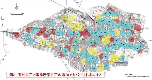 「小平井戸の会」が作ったマップ。市の震災対策用井戸は青、会が調査した民間の井戸は赤、事業所の井戸は黄色で示されている
