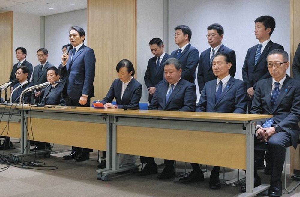 1月23日、裏金問題について説明する「都議会自民党」の都議ら＝東京都庁で