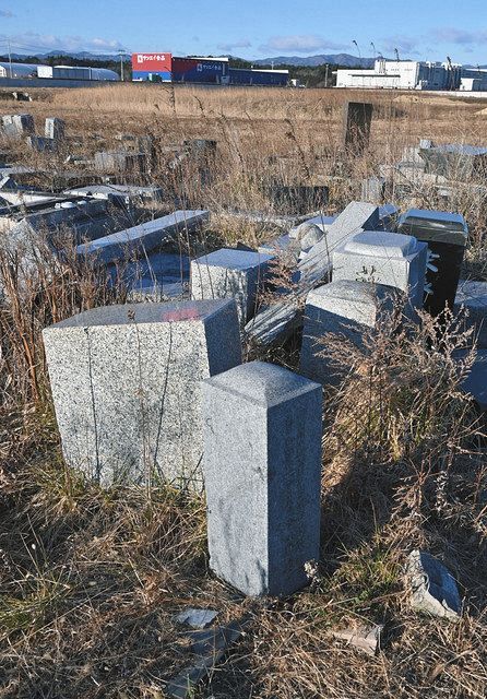 倒れた墓石の奥には、震災後に整備された水産加工場などが見える＝福島県浪江町で