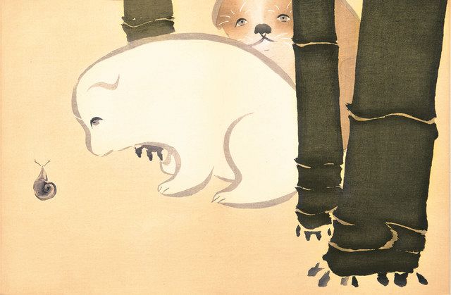 坂垣夏樹作 月とひまわりの犬 日本画 フレーム付き F（つながる