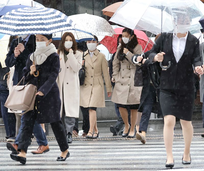 マフラーやコートを身に着け通勤する人たち＝2022年4月4日、東京・丸の内で（内山田正夫撮影）