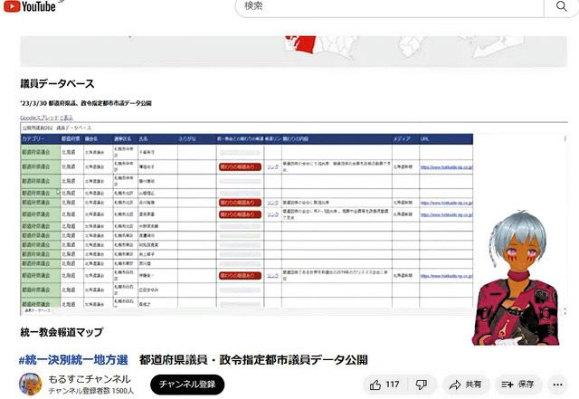 旧統一教会との関係が指摘された議員のデータベースについて解説する「もるすこちゃん」のユーチューブチャンネル