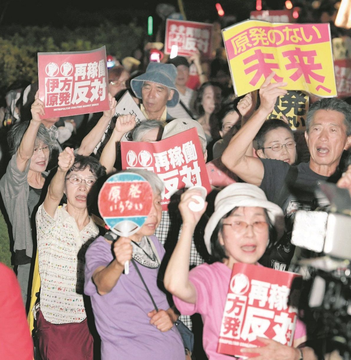 四国電力伊方原発3号機が再稼働されたことを受け、反対の声を上げる人たち＝2016年8月、東京・永田町で