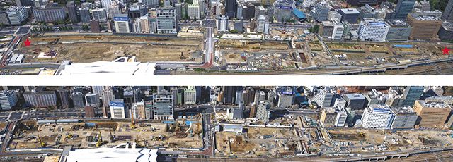 高輪築堤が見つかった東京都港区の再開発用地では、発掘調査とともに超高層ビル建設に向けた工事が進む。【写真上】昨年六月には、出土した石垣が写真中央を細く筋状に横切るライン（★－★間）を確認できた
【写真下】今年一月の撮影では石垣のラインは見えない。用地全体に大型の建設機械が配置され、あちこちに凹凸ができている（いずれも本社ヘリから。写真左下の白い屋根はＪＲ高輪ゲートウェイ駅）。