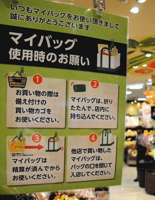 「エコバッグ万引」の増加を受け、スーパーの店内に掲げられた正しい使用を呼びかけるポスター＝東京都練馬区内のスーパー