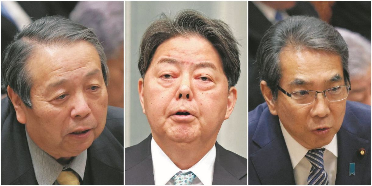 左から、参院予算委で答弁する村上誠一郎総務相（6日）、記者会見する林芳正官房長官(9日）、参院予算委で答弁する江藤拓農相（6日）＝いずれも佐藤哲紀撮影