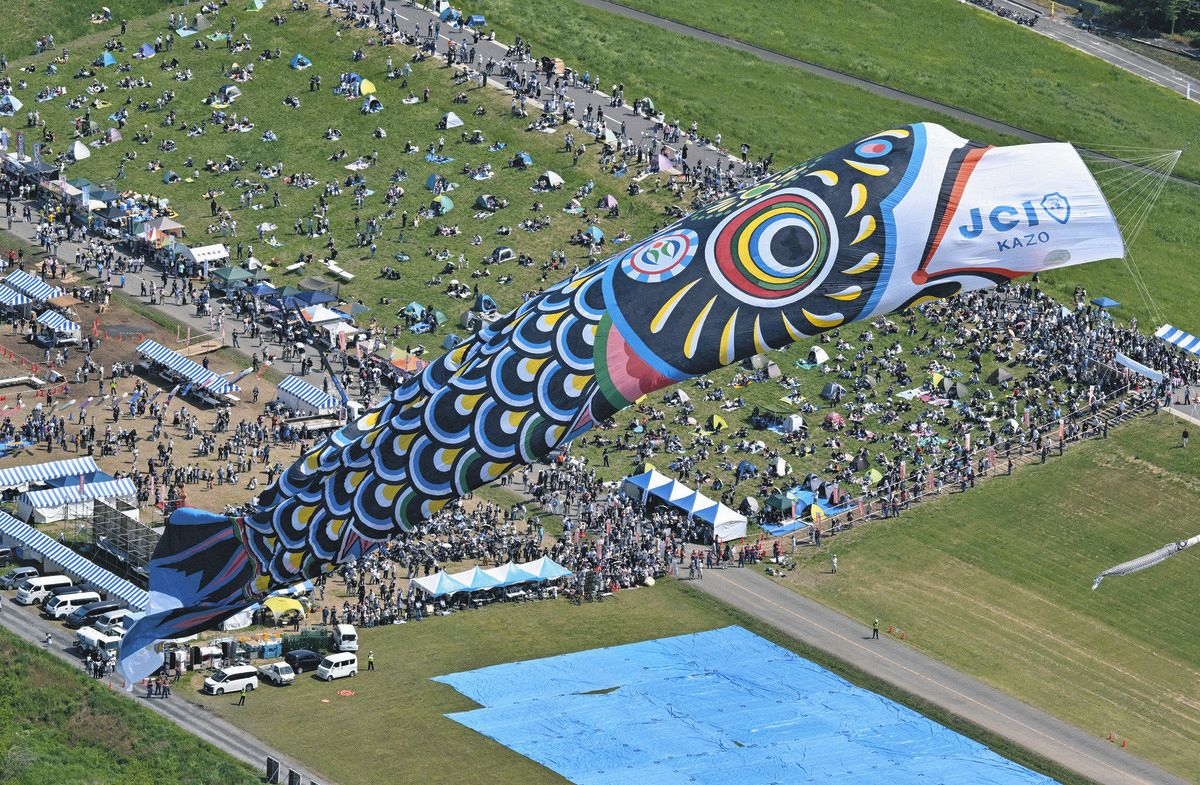 重さ330kg、全長100mの巨体、ふわり 埼玉・加須のジャンボこいのぼり