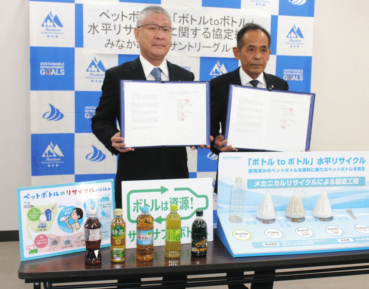 協定を締結したみなかみ町の阿部町長（右）とサントリー食品インターナショナルの風間常務執行役員＝同町で 