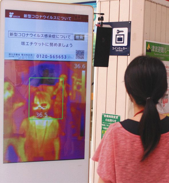新型コロナウイルス対策として設置するサーモグラフィー＝下田市の伊豆急下田駅で
