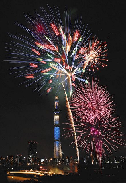 東京スカイツリーを背景に大輪を咲かせた２０１９年７月の隅田川花火大会（多重露光）。大会が中止となった今年は、スカイツリーが花火をイメージしたライトアップをする＝東京都台東区で