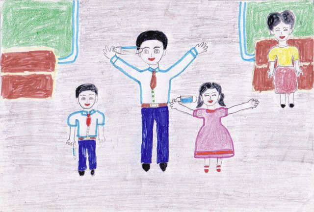 北朝鮮の子どもの絵画。屋外でマスクを外して喜んでいる様子を描いている＝実行委提供