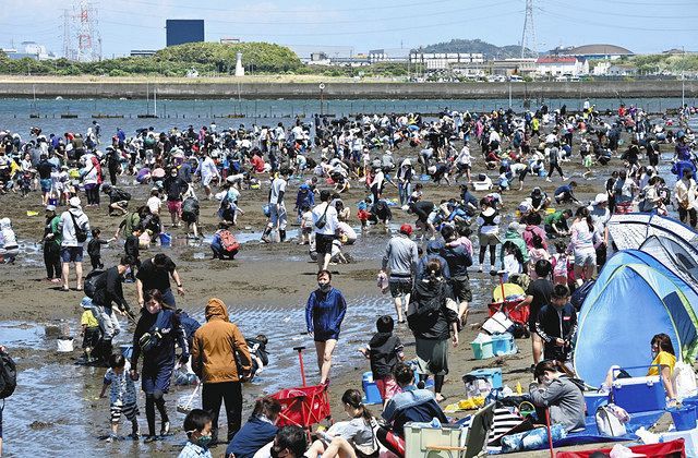 大型連休を迎え、多くの人でにぎわう富津漁港の潮干狩り場＝いずれも千葉県富津市で 