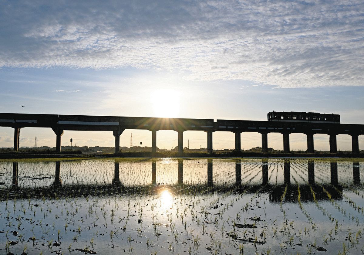彩 首都圏の四季を訪ねて〉水鏡 夕日と鉄道の競演 大洗鹿島線の沿線 