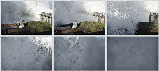 米カリフォルニア州パシフィカ市で2020年12月、アラン・グリンバーグさんの自宅の庭に乗り越えてきた波の連続写真。アランさんは押し流されて足を負傷し、カメラは壊れた＝アラン・グリンバーグさん提供