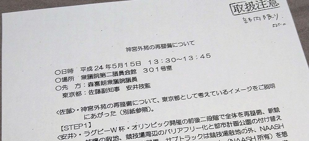 森元首相と安井ら都幹部との面会記録。イメージ図を添えて、都が考えている外苑再開発の構想を説明。このとき既に秩父宮ラグビー場と神宮球場を入れ替えて建て替える計画になっていた。