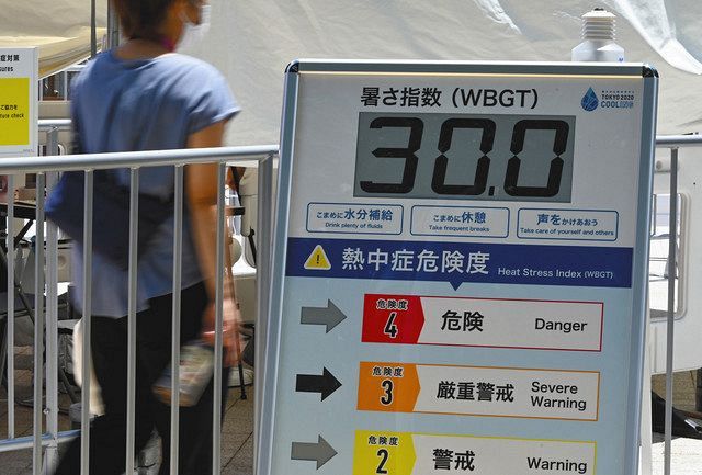 東京体育館前に設置された暑さ指数を示すボード＝東京都渋谷区で