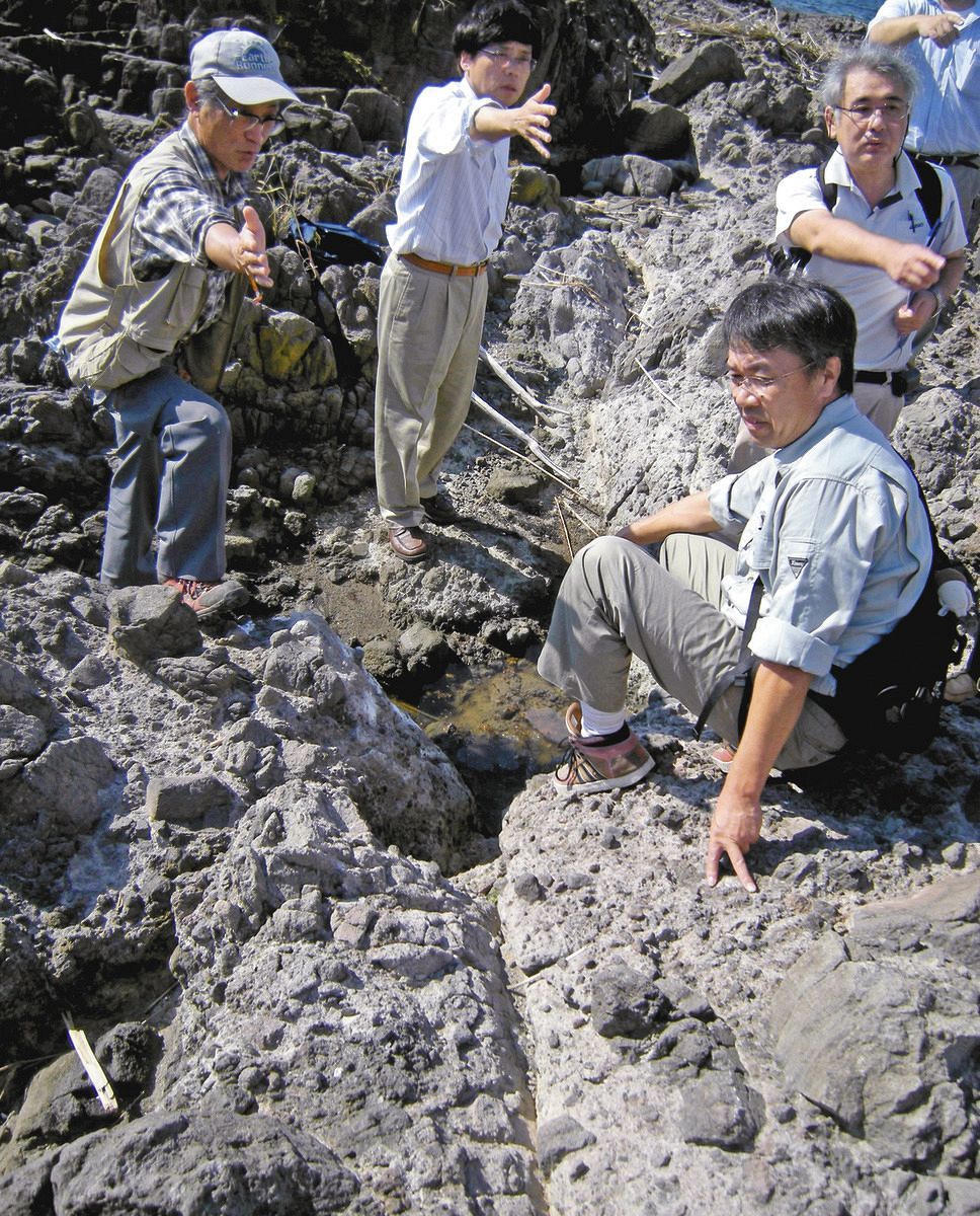 石川県志賀町の海岸部を視察する新潟大の立石雅昭名誉教授（左）＝2013年