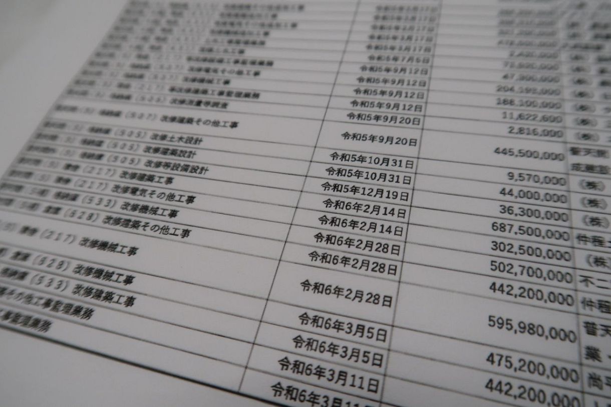 沖縄防衛局が開示した普天間飛行場の補修工事の契約一覧。億単位の契約額が並ぶ