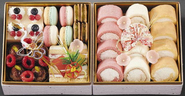 「パティスリーモンシェール＆ＳＡ３ＮＤ［コラボレート　スウィーツおせち　二段重」（９５０４円）＝高島屋提供