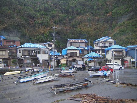 台風と大雨に立て続けに見舞われ、屋根にブルーシートが張られたままの住宅も多い＝２９日、千葉県鋸南町で