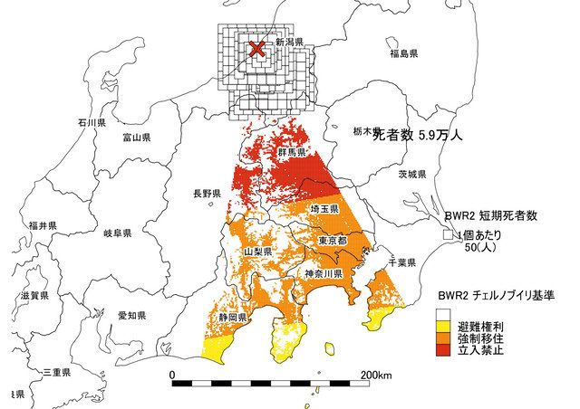 柏崎刈羽原発６号機の格納容器破損のシミュレーション。東海第二原発に比べて南側の人口密度が低いため、推計死者数は比較的少ない（地図はいずれも上岡直見氏作成）
