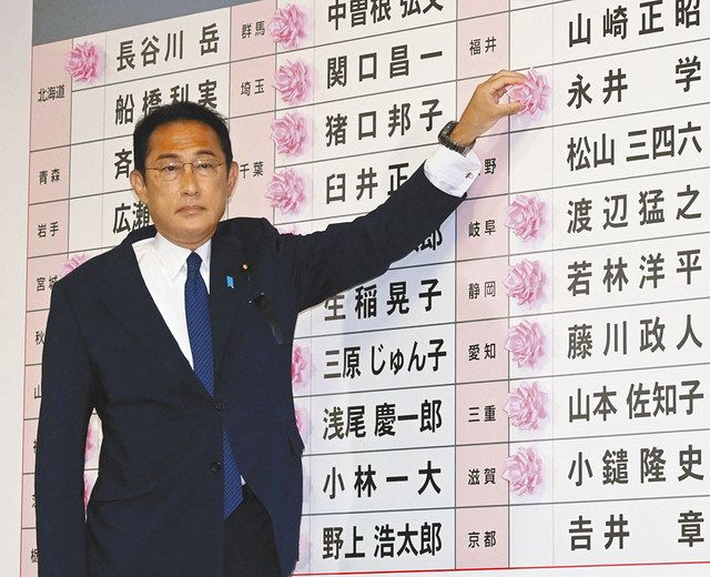 当確者の名前にバラを付ける自民党総裁の岸田首相＝東京・永田町の党本部で（芹沢純生撮影）