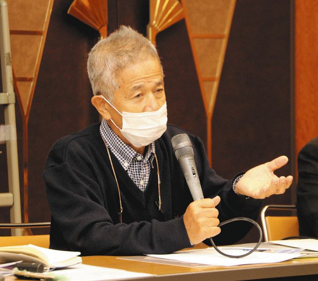 遺骨土砂の使用計画に反対を訴える具志堅さん＝さいたま市浦和区で 