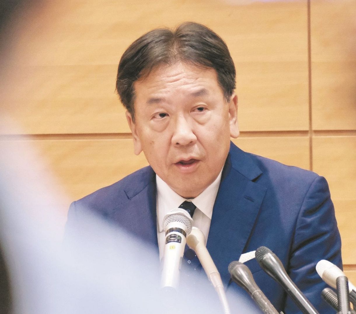 立憲民主党代表選への出馬を表明する枝野幸男前代表＝8月21日、国会内で（坂本亜由理撮影）