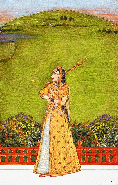 インド細密画＞（上）「楽器を持つ女」 小さな画面 一対一で対話