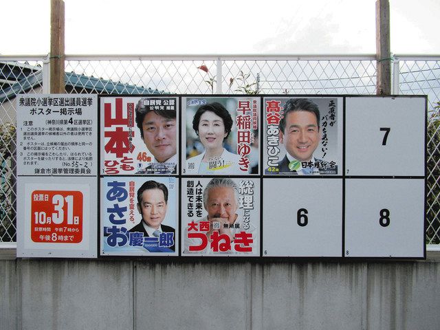 ５人のポスターが並ぶ掲示板＝鎌倉市で
