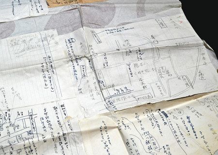 デパートの包装紙に貼られた荻窪付近の地図などが書かれた井伏鱒二の創作メモ＝東京都杉並区で