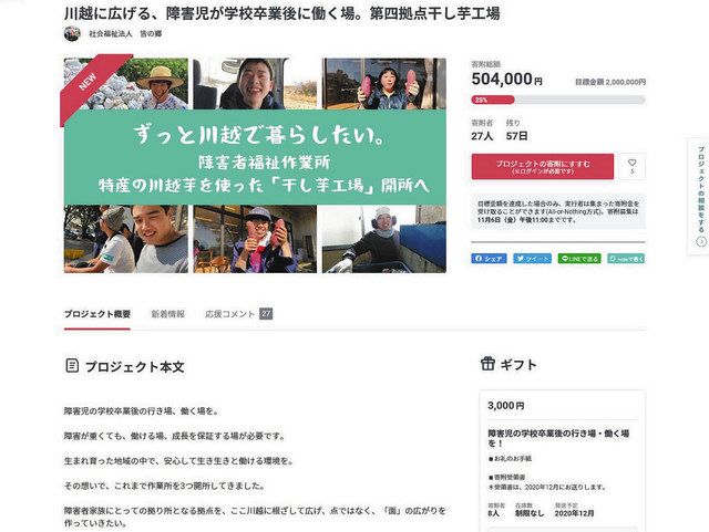 募金を呼び掛けるクラウドファンディングのページ 