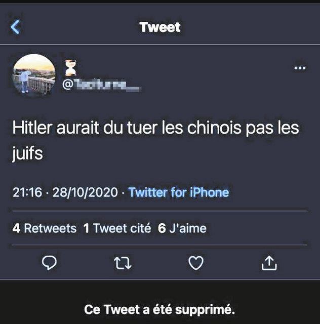 「ヒトラーはユダヤ人の代わりに中国人を殺害すればよかった」と書かれたツイッターの投稿。現在は削除されている＝ソク・ラム氏提供